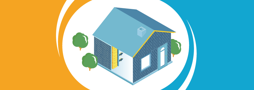 A cross section of a blue house showing yellow insulation in one wall