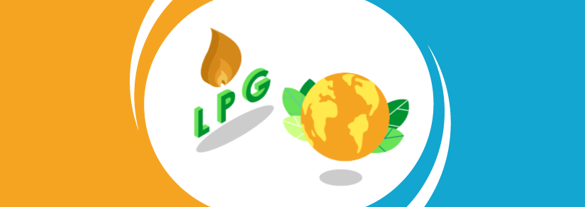 The word LPG with a gas flame over it next to a globe with leaves behind it