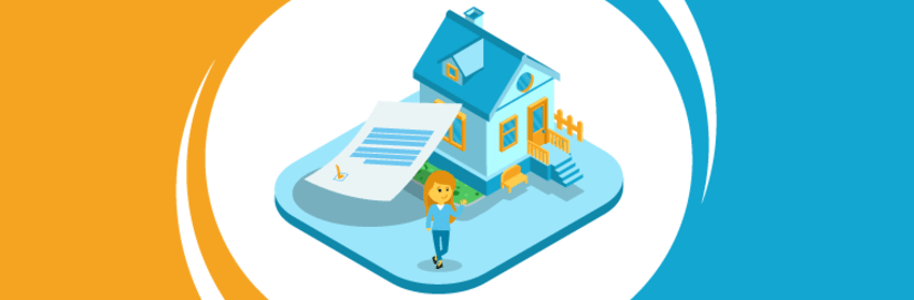 A blue house with a contract propped up against it