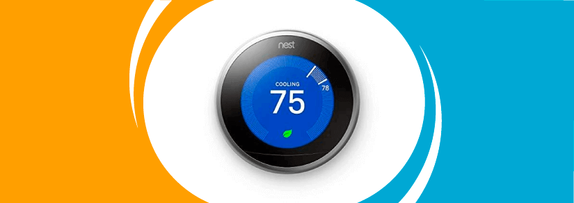 The Nest smart learning thermostat centered in a blue and orange banner