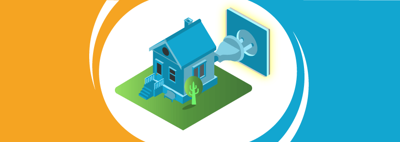 A blue house with an attached plug being inserted into a socket