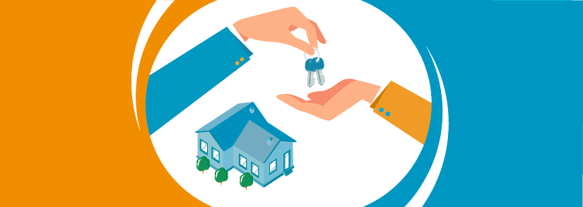 two hands exchanging keys with a blue house in the background