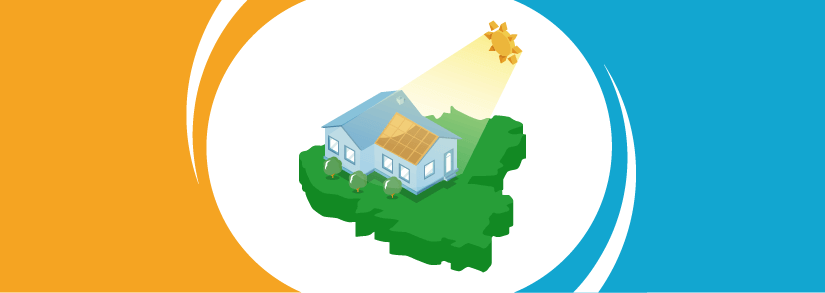 A large house with a solar panel and the sun shining down on it