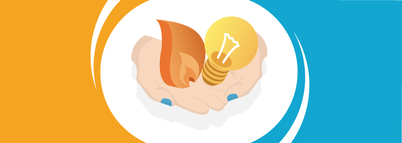 Two cupped hands holding a lightbulb and a flame