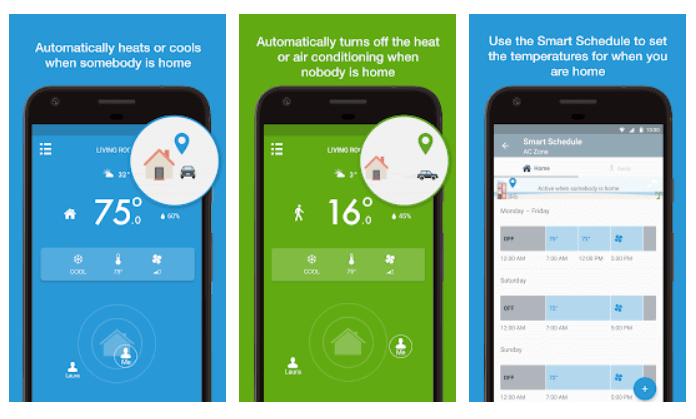 Three different screens from the Tado app